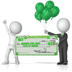 This clip art image shows one figure receiving a grand prize check from a business looking figure.
