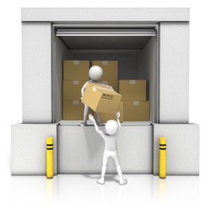 An image of a figure passing a box to another on a loading dock.