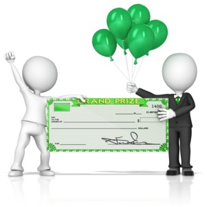 This clip art image shows one figure receiving a grand prize check from a business looking figure.   You can add your own text using PowerPoint, Keynote or another graphic editing program.