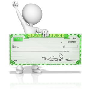 This clip art image shows a figure holding a grand prize check.  You can add your own text to this using PowerPoint, Keynote or another graphic editing program.