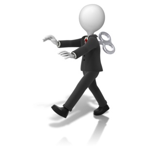An image of a business stick figure walking with a wind-up key rotating on back.