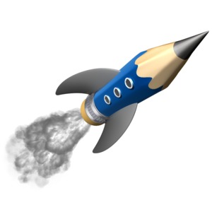 An image of a pencil design that resembles a rocket taking off.
