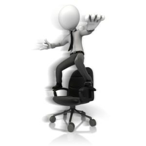 A business stick figure is shown surfing on a office chair.