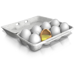 This clip art image shows a carton of eggs with on broken and a different color.