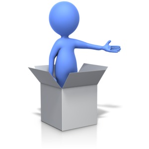 This clip art image shows a figure standing in an open box gesturing to the side with its arm.