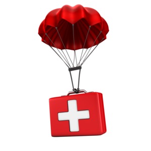 This clip art image shows a first aid kit connected to a parachute. 