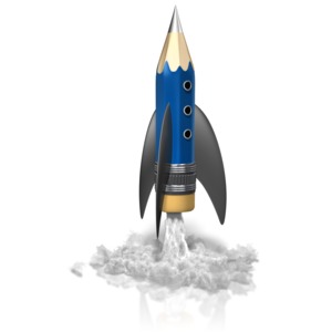 An image of a pencil that looks like a rocket on takeoff.