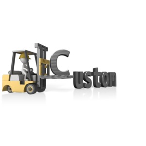 A stick figure driving a fork lift is shown dropping off a custom letter to finish the word.