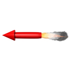 This clip art image shows a rocket with fire and smoke shooting from the rear.