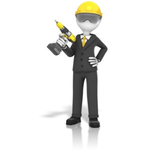 An image of a construction business figure holding a cordless drill.