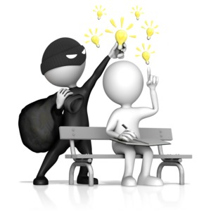 This clip art image shows a thief figure stealing another figures ideas.