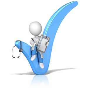 This clip art image shows a doctor or nurse figure sitting in a giant check mark holding a clipboard and pen.