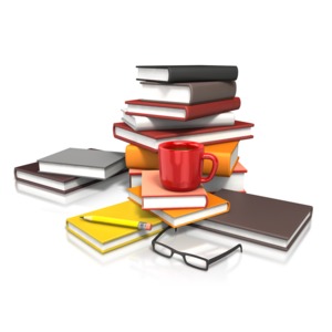 An image of a stack of books with a coffee cup, glasses and a pencil.