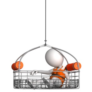 This clip art image shows a figure being saved in a water rescue basket.