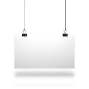 An image of a blank white board hung by two clips and some string.