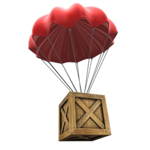 An image of a wooden box attached to parachute.