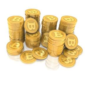 This clip art image shows stacks of bitcoins.