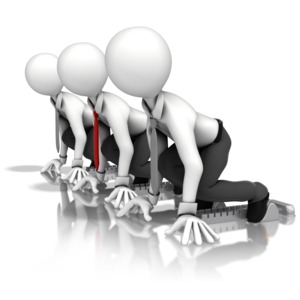 An image of a businessmen at the starting block of a race.