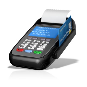This clip art shows a credit card being swiped in a point of sale machine.