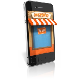 This clip art image shows a smart phone with an online store on the screen.