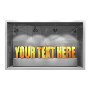 This clip art image shows a glass widow display where you can replace the 3D text with your own words.