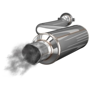 This clip art image shows a muffler with black smoky exhaust coming from it.