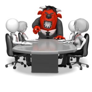 This clip art image shows a monster boss yelling in a meeting.