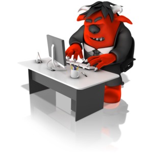 This clip art image shows a monster employee typing at a office desk.