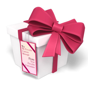 An image of a present with a bow and ribbon and  a custom text tag.
