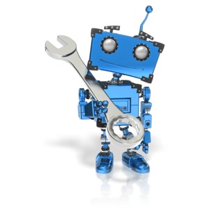 A robot stands hold a large wrench. This clip-art can symbolize automated repair.