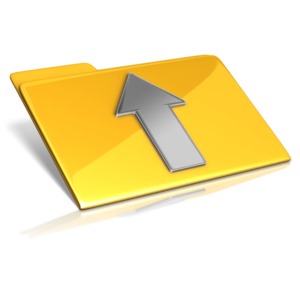 This clip art image shows a folder with a arrow pointing up signifying uploading a file.