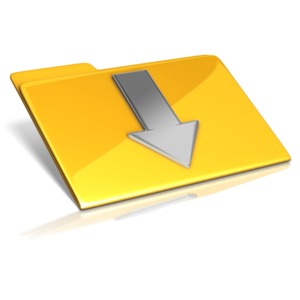 This clip art image shows a folder with a down arrow on it signifying downloading a file.