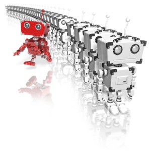 A red robot runs from a line of generic robots. This clip-art can represent something being different.