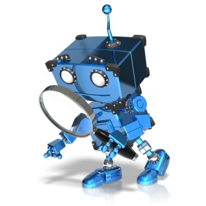 An image of a robot pointing &amp; searching with a magnifying glass.