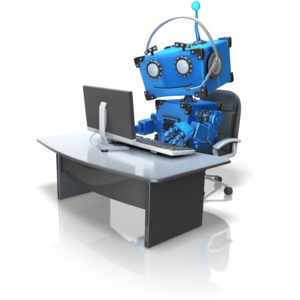 This clip art image shows a customer service robot figure at a desk.