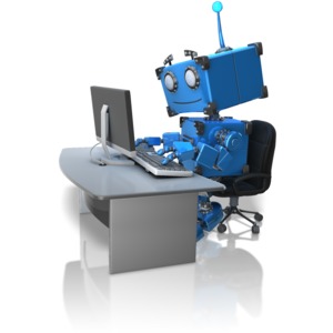 This clip art image shows a robot typing at a desk.