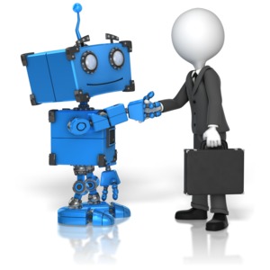 A robot is shown shaking hands with a business stick figure.