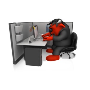 This clip art image shows a monster employee typing at a office desk.