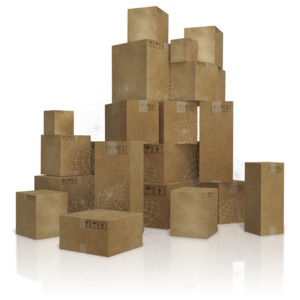 This clip art image shows a large pile of old box inventory that has been sitting collecting dust and cobwebs.