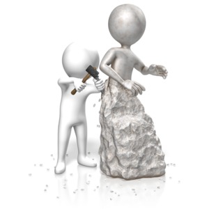 A stick figure uses a hammer and chisel to carve a statue.