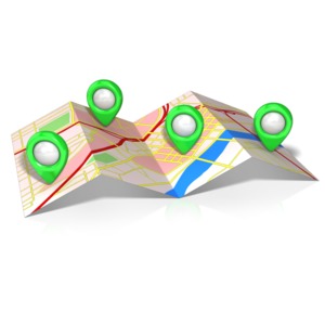 This clip art image shows a generic map with location pointers over different areas.