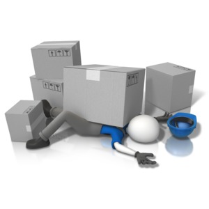 An image of a construction worker knocked out on the floor with boxes scattered around.