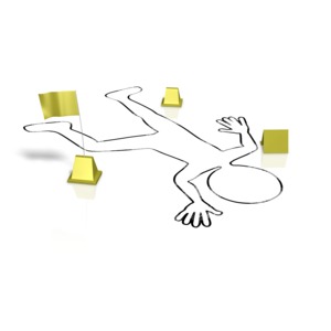 This clip art image shows the body outline of a victim of a crime with evidence markers set up.