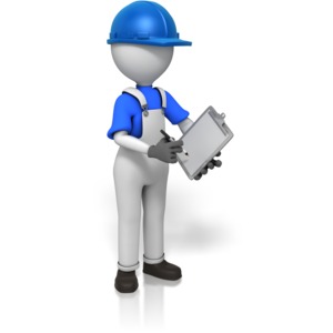A stick figure is shown taking some notes while wearing a hard hat.