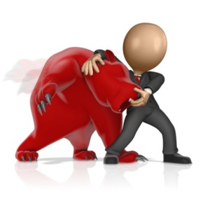 This clip art image shows a business figure wrestling a bear.