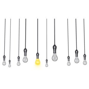 This clip art image shows a group of hanging lights with only one turn on standing out from the other.