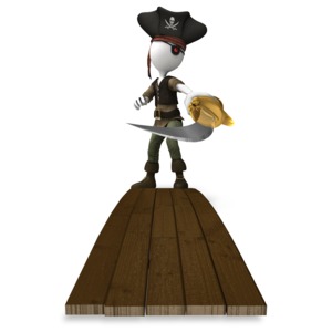 An image of a pirate pointing a sword toward the viewer walking a plank.