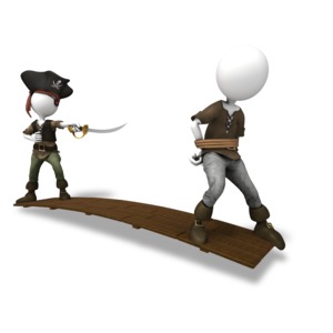 An image of a pirate holding prisoner captive on plank.