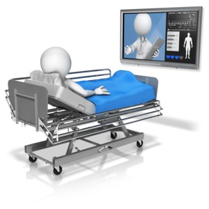 This clip art image shows a patient figure laying in bed as a doctor figure video conferences in on a screen.