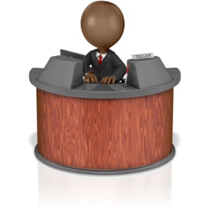 This clip art image shows a bank teller behind a counter.